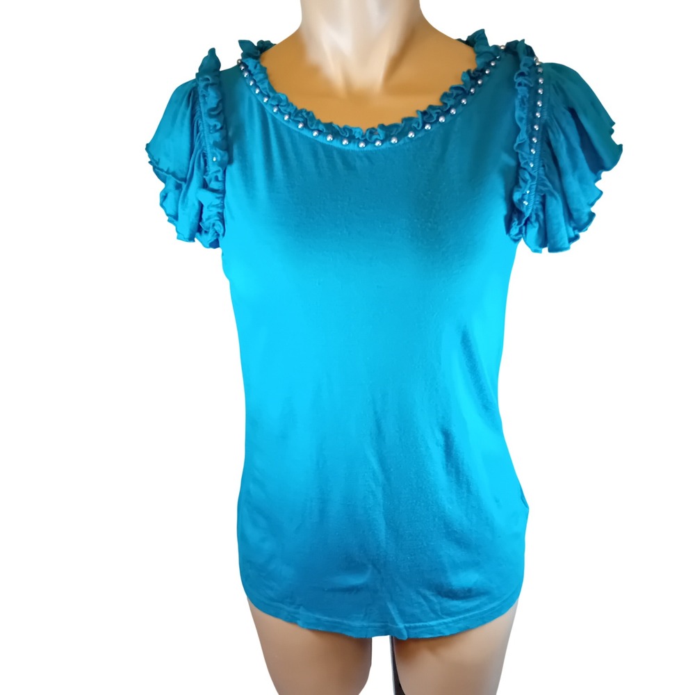 Vintage Y2K Forever 21 Twist Flutter Sleeve Ruffle Pearls Basic Blue‎ Top S READ